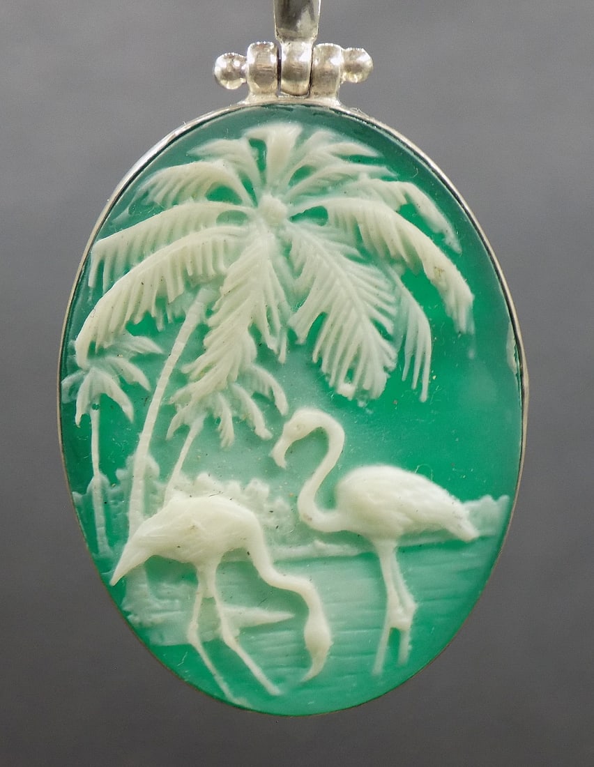 Italian Carved cameo flamingos sterling medallion (1 of 3)