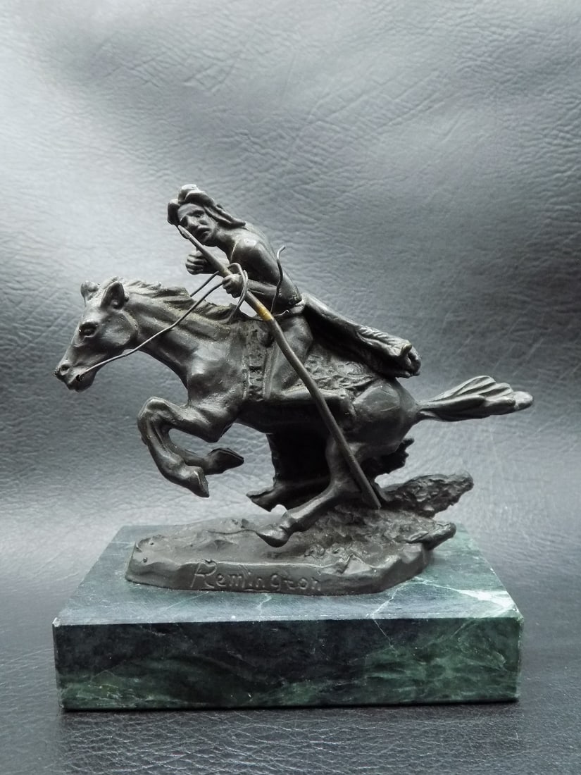 Western Remmington bronze on marble with Indian on horseback (1 of 7)
