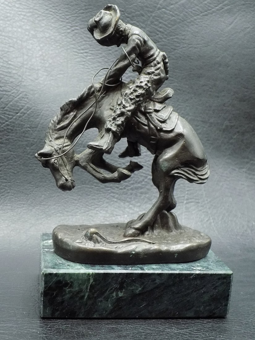 Western Remmington bronze on marble  with bucking bronco (1 of 7)