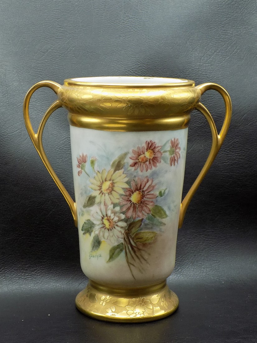 Lovely vintage artist signed hand painted porcelain vase with handles. Unmarked Limoges. (1 of 10)