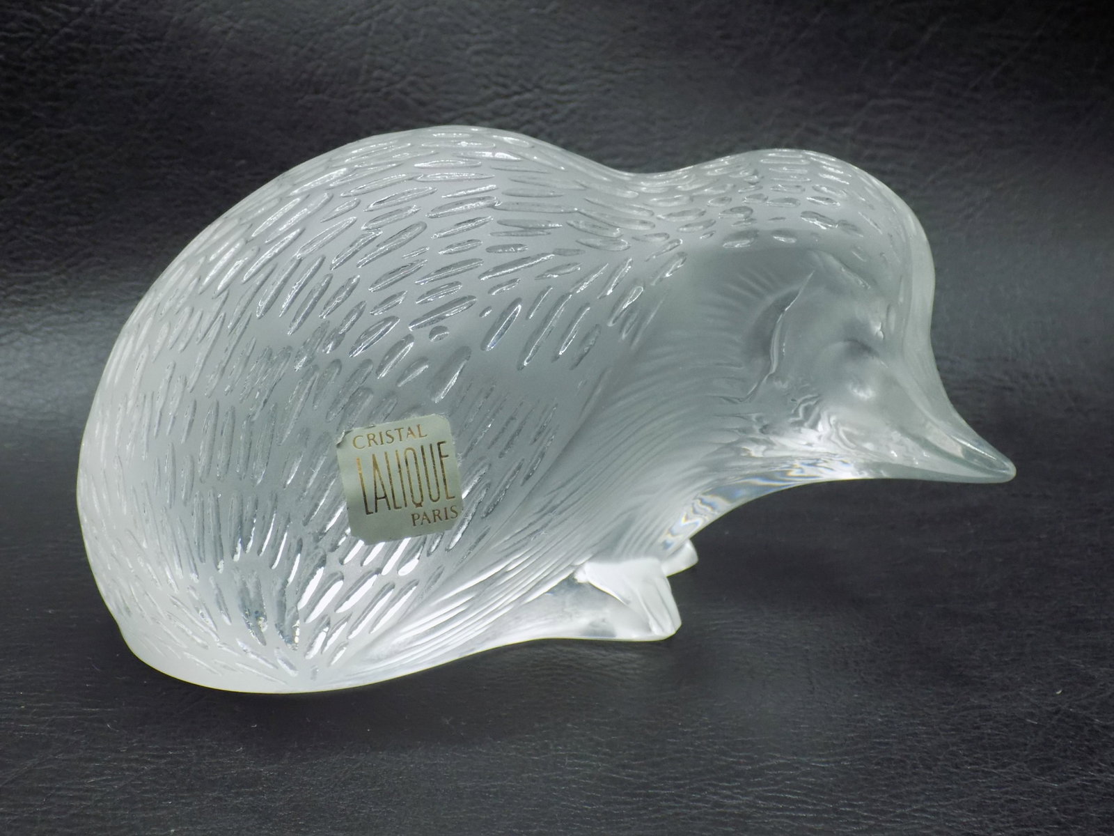 Vintage art glass signed Lalique hedgehog: Vintage art glass signed Lalique hedgehog. Marked in script and paper label as shown in photos. Great quality and detail. 2 ¾ inches tall x 5 ¼ inches long