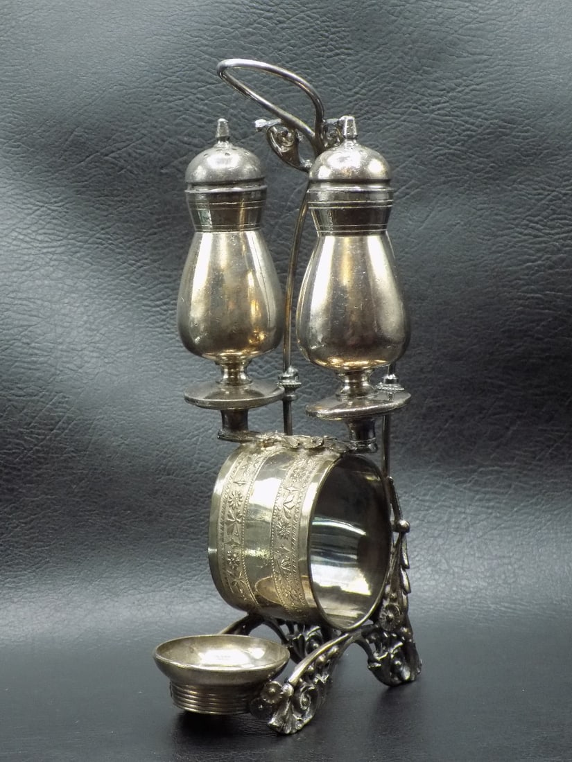 Unusual ornate antique silverplate condiment set.  Marked Meriden (1 of 8)