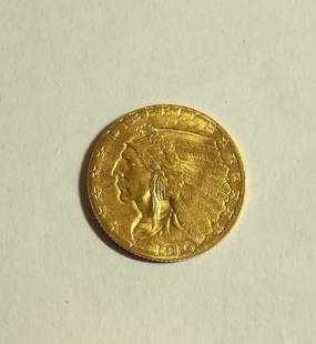 High grade 1910 2 ½ dollar Indian head gold coin: High grade 1910 2 ½ dollar Indian head gold coin. Please use photos to grade. All gold coins must be paid through Live Auctioneer or bank to bank wire transfer
