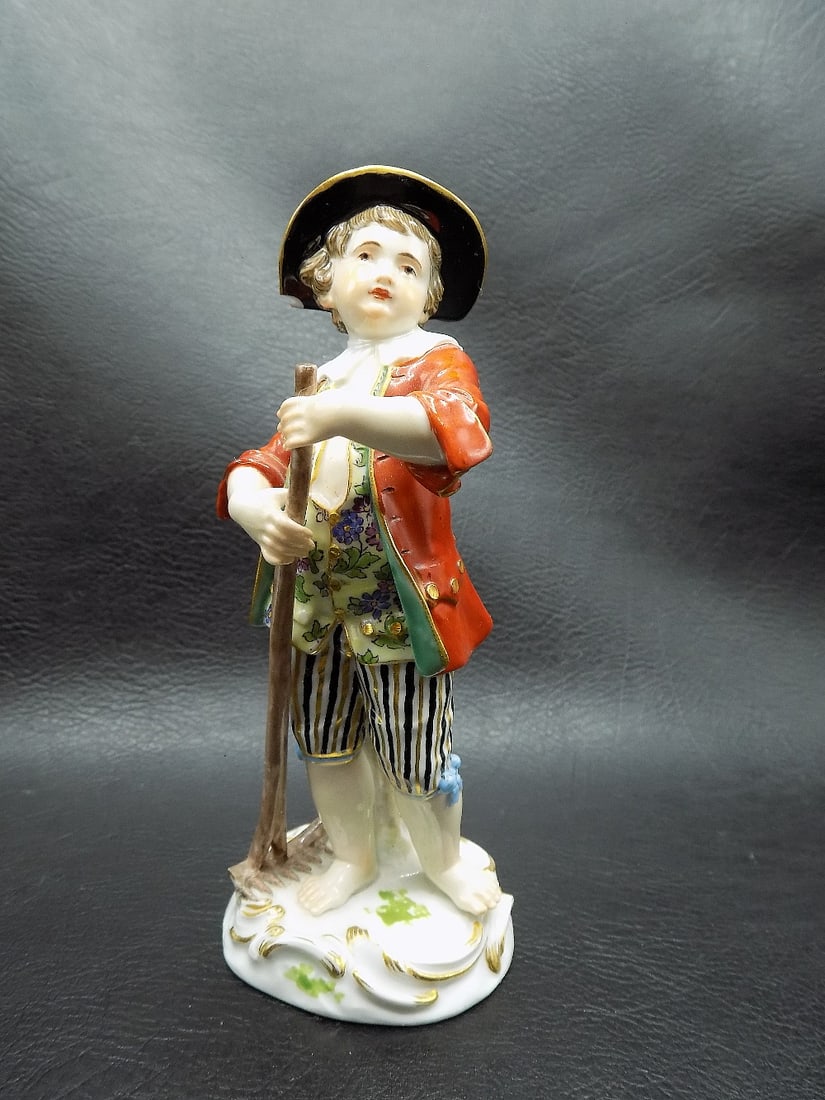 Very fine antique Meissen figure of boy with rake. Beautiful colors (1 of 10)