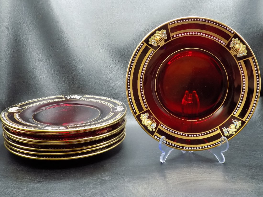 Radiant set of 8 vintage ruby red decorated art glass plates. (1 of 4)