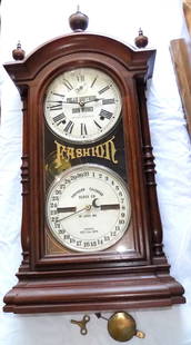 Hard to find antique Fashion #4 Southern calendar advertising double dial clock: Hard to find antique Fashion #4 Southern calendar advertising double dial clock. Seth Thomas maker. Pullis Brothers Iron Works. Please see photo. Great quality and detail. Running at time of listing.