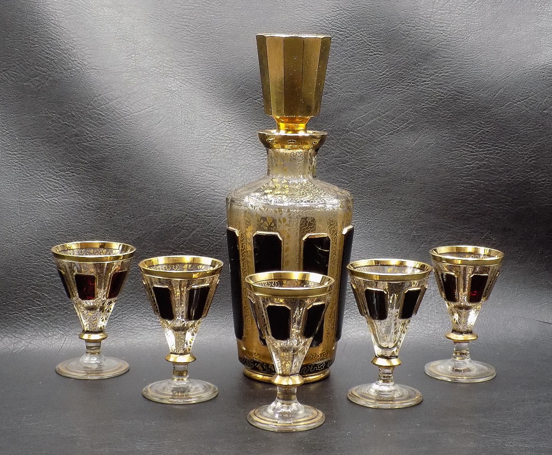 Exceptional antique decorated Moser panel art glass liquor set (1 of 10)