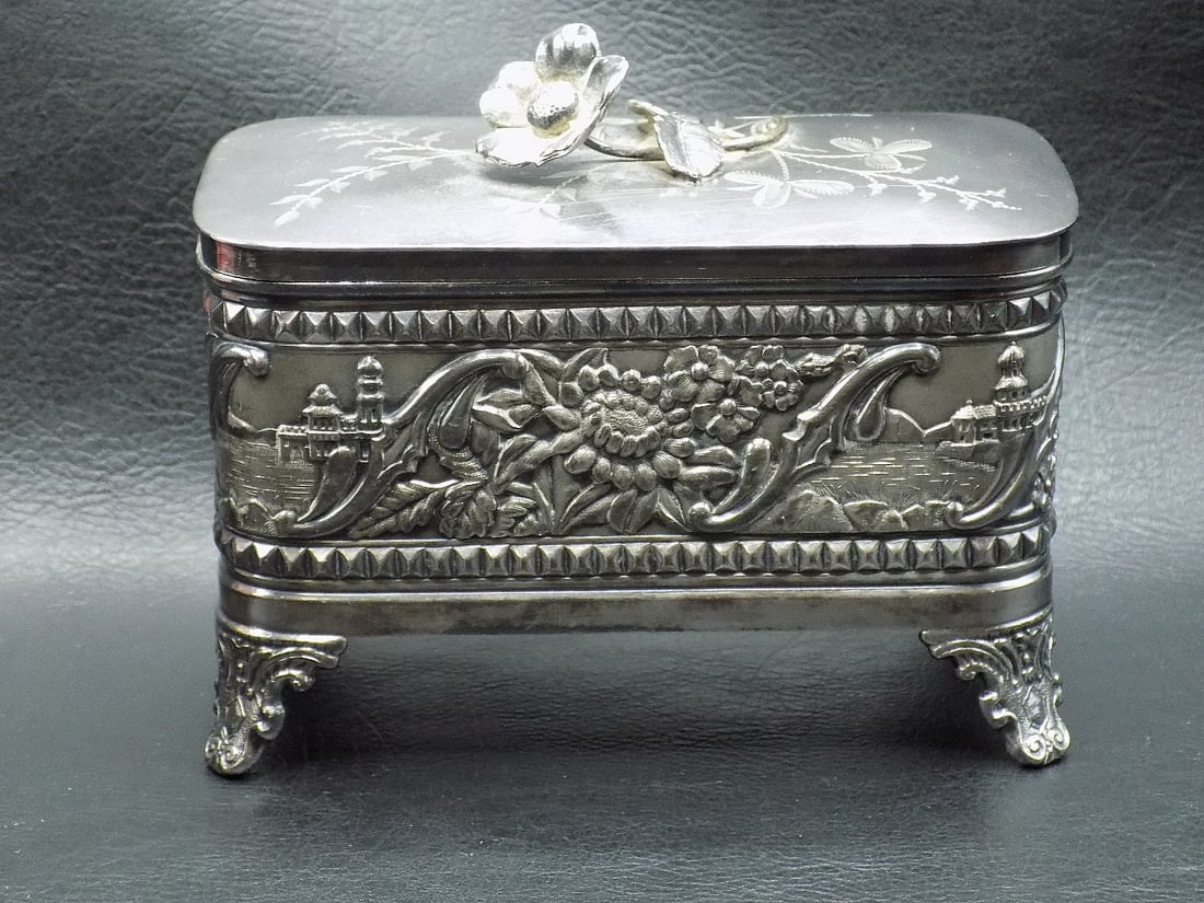Beautiful, decorated antique silverplated Tufts jewelry box (1 of 8)