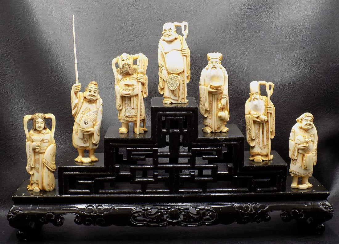 Vintage hand carved Oriental Seven Gods on wood stand (1 of 13)