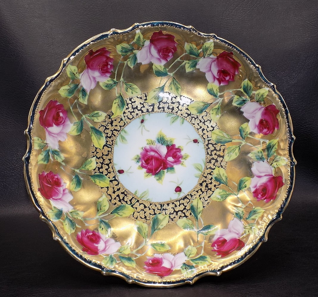 Gorgeous antique hand painted Nippon bowl with roses: Gorgeous antique hand painted Nippon bowl with roses. Very beautiful roses with gold highlights. Great quality and detail. Marked on bottom as shown in photo. 9 7/8 inches x 2 ¼ inches tall
