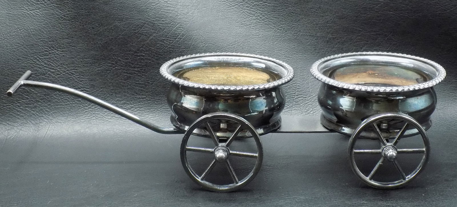 Unusual antique silverplate wagon double bottle or vase holder (1 of 8)