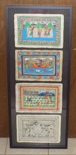 Framed set of four mexican artist signed watercolors: Framed set of four mexican artist signed watercolors. Artist signed Ignacio Martinez as shown in photo. Frame 34 ½ x 16 ¼. Images 12 ¼ x 8 ½.