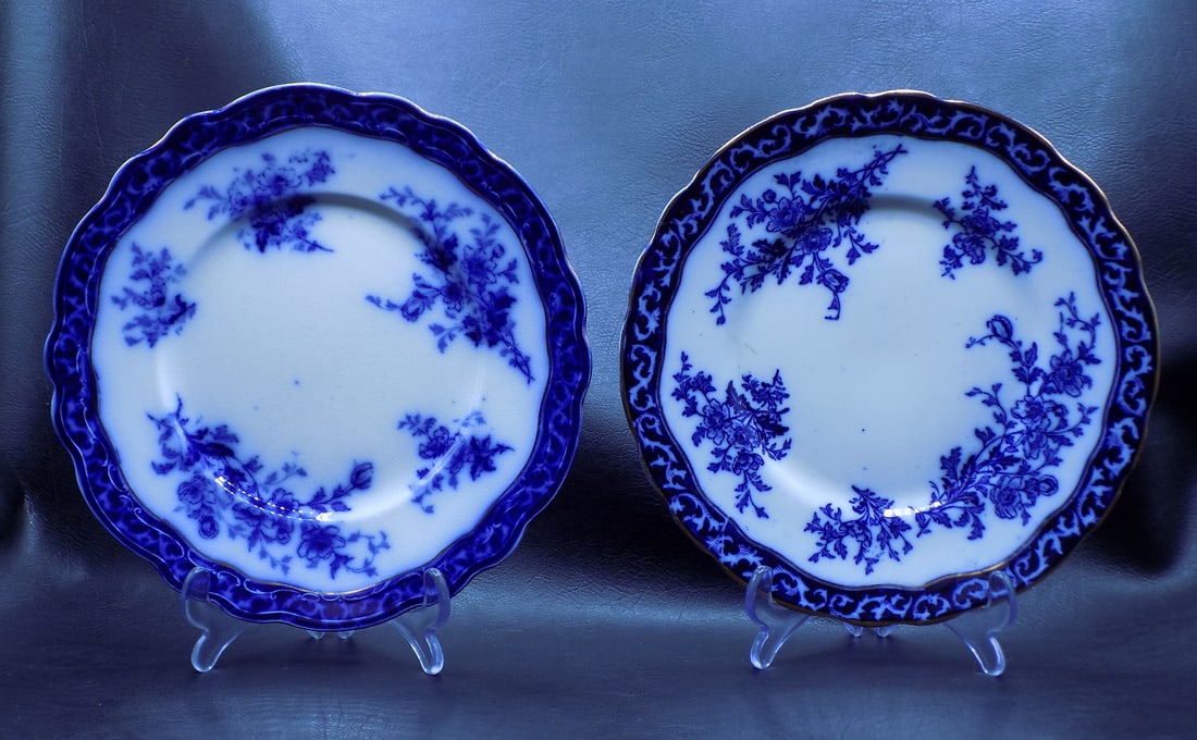 Beautiful pair of Flow Blue plates with gold highlights (1 of 5)