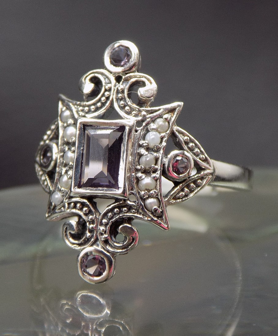 Beautiful amethyst and seed pearl sterling silver ring (1 of 5)