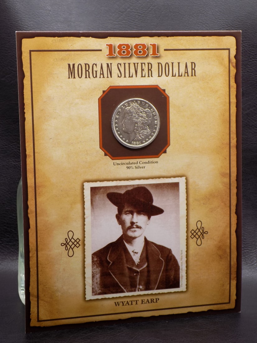 Uncirculated 1881 Morgan silver dollar display with Wyatt Earp (1 of 5)