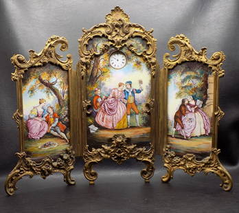 Fabulous antique bronze triptych hand painted enamel inserts and key wind clock: Fabulous antique bronze triptych hand painted enamel inserts and key wind clock. Great quality hand painted inserts with classical scenes. Fancy bronze frame. Clock is running at time of listing. In v