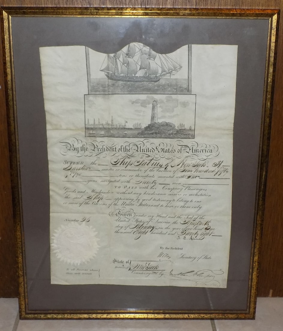 Rare signed J. Q. Adams President 1828 Safe Passage for merchant ship (1 of 12)