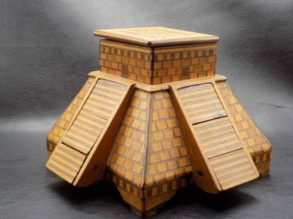 Unusual antique Folk Art inlaid sewing box in shape of a tower: Unusual antique Folk Art inlaid sewing box in shape of a tower. Inlaid multi wood. Top center lifts and sides fold down. Great quality and detail. In very good original as found condition. 5 ¾ in