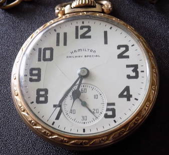 High grade antique Hamilton Railway Special 992B 21 jewel pocket watch: High grade antique Hamilton Railway Special 992B 21 jewel pocket watch. 10k gold fill cased. Running at time of listing. Porcelain dial with two light hairline as shown in photo. Please see photo for