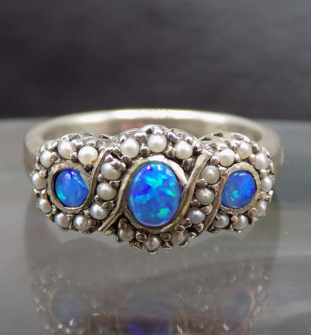 Beautiful blue fire opal and pearl sterling silver ring (1 of 5)