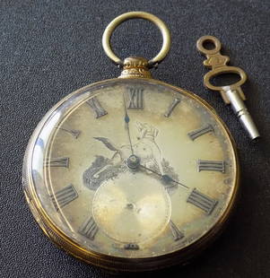 High grade antique M. J. Tobias key wind pocket watch with dog on dial: High grade antique M. J. Tobias key wind pocket watch with dog on dial. Missing second hand. Metal dial. Running at time of listing. Please see photos for back of works. 2 inch diameter