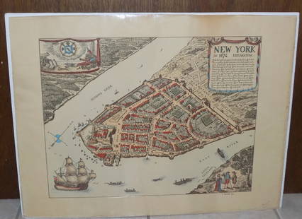 Hand colored map of New York City view from 1674: Hand colored map of New York City view from 1674. Please see photos to judge age and condition. Beautiful colors. Great quality and detail. 18 ½ inches height x 23 ½ width