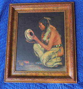 Wonderful vintage oil painting on canvas of Native American Indian: Wonderful vintage oil painting on canvas of Native American Indian. In very good original as found condition. 1900-1930s. Great quality and detail. 22 ½ tall x 19 ½ wide. Image 16 &frac1