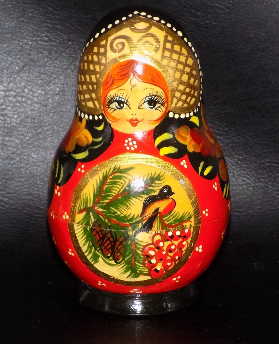 Wonderful vintage Russian Nesting Dolls: Wonderful vintage Russian Nesting Dolls. Dated 1940 and marked on bottom as shown in photo. Beautiful vibrant colors. Made of wood. Five dolls. Outside doll is 5 ¼ inches tall