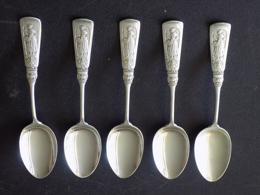 Five vintage ornate sterling silver spoons with lady and basket of flowers (1 of 7)