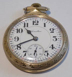 High grade antique Hamilton Railroad grade 992 21 jewel watch: High grade antique Hamilton Railroad grade 992 21 jewel pocket watch. Montgomery dial. Gold fill case. Running at time of listing. Porcelain dial as shown in photo. Please see photo for serial and bac