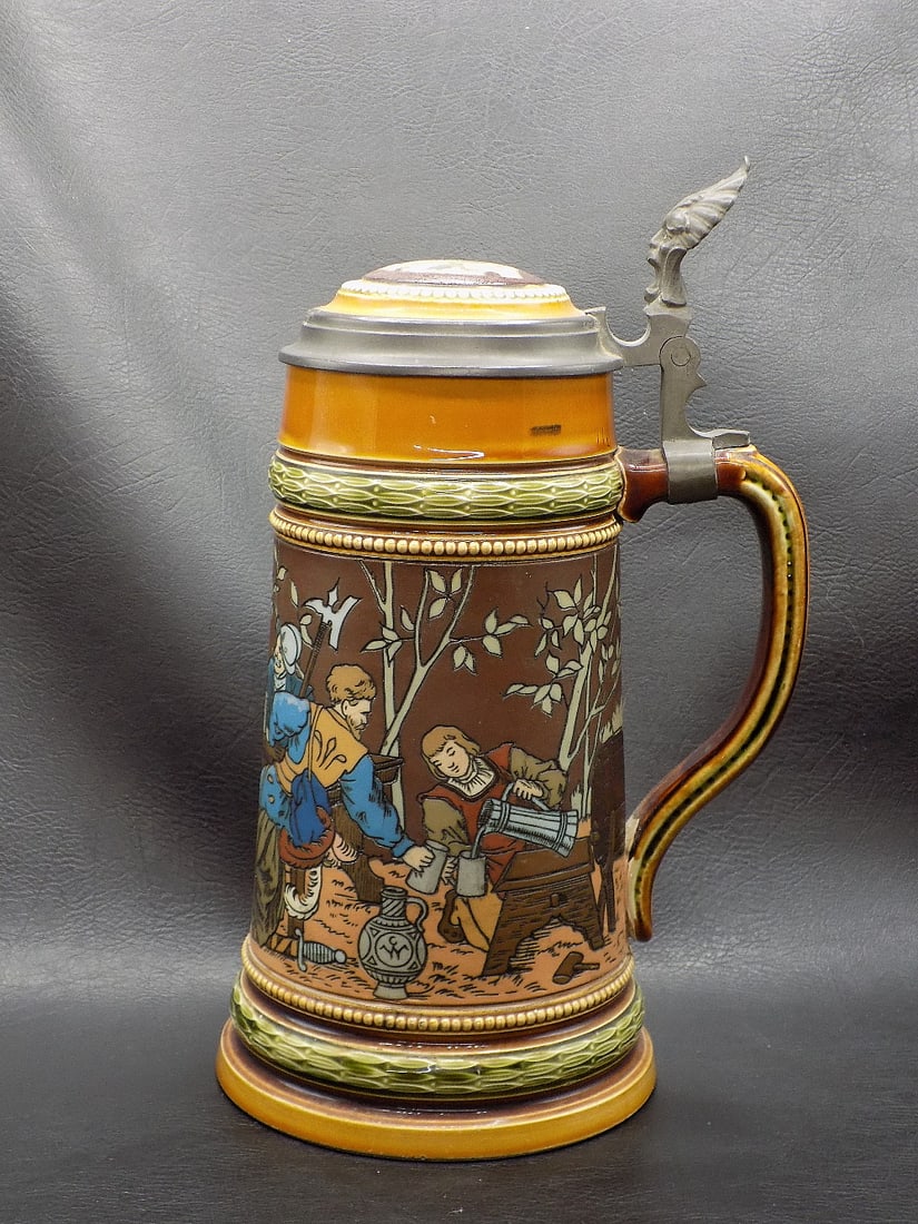 Handsome  vintage Mettlach stein with elaborate hand painted drinking scene (1 of 16)