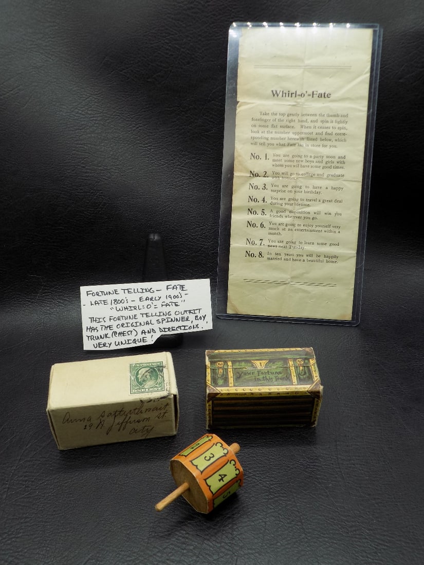 Unique late 1800s to early 1900 Whirl O Fate Fortune telling device: Unique late 1800s to early 1900 Whirl O Fate Fortune telling device. With original box and instructions as shown in photo. In very good original as found condition. Great quality and detail. Spinner i