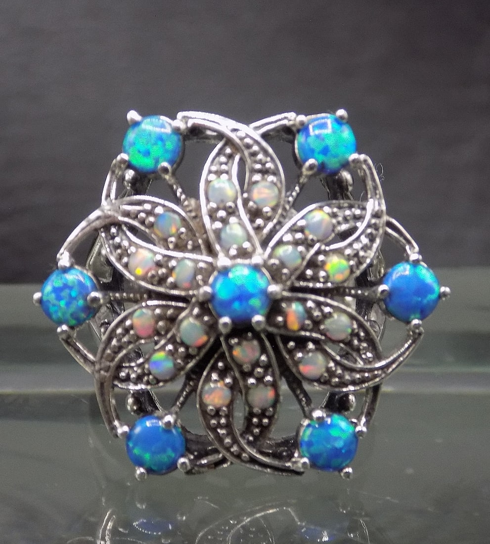 Beautiful Australian fire opal and opal sterling silver ring (1 of 4)