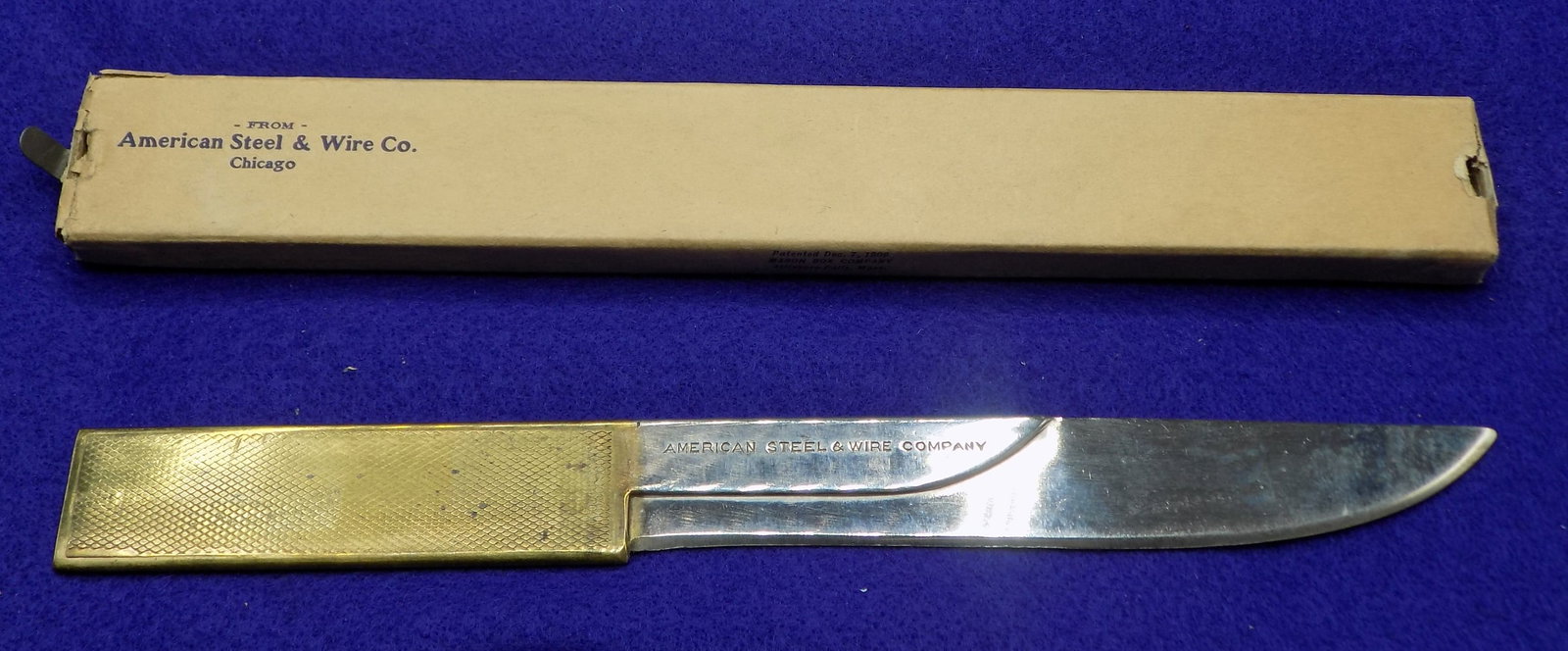 1909 Advertising letter opener in original box: 1909 Advertising letter opener in original box. American Steel Wire Co. Chicago. Marked on blade Made from one piece of American flat ware. In very good original as found condition. Great quality and 