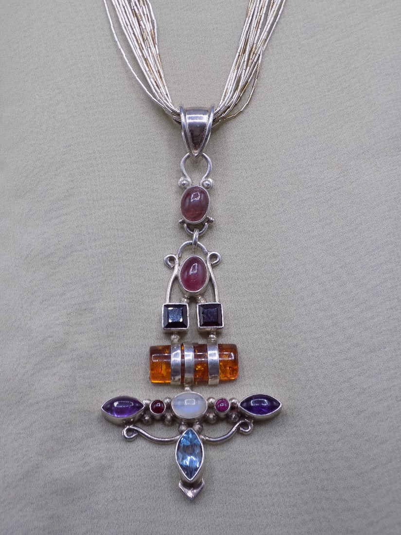 Beautiful sterling silver necklace with semi precious stones pendant (1 of 9)