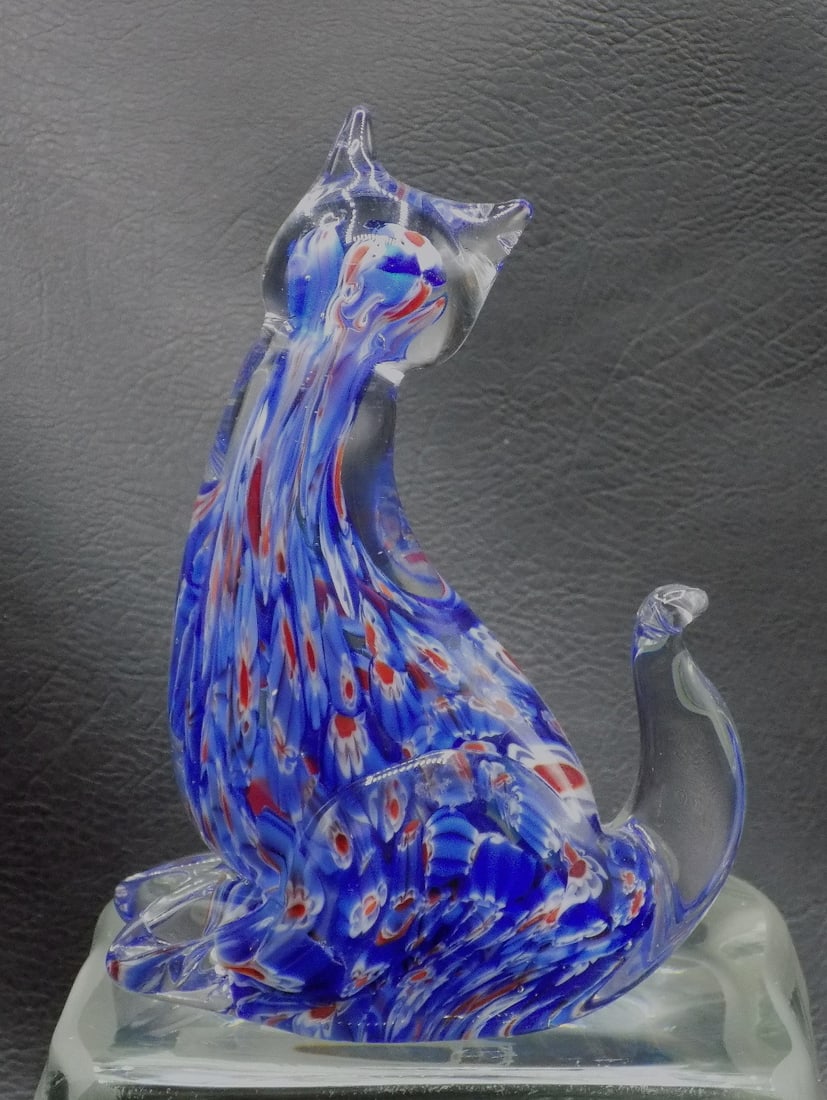 Cute Murano millefiori art glass cat. Beautiful colors: Cute Murano millefiori art glass cat. Beautiful colors. Great quality and detail. In very good original as found condition. 5 ½ inches tall.