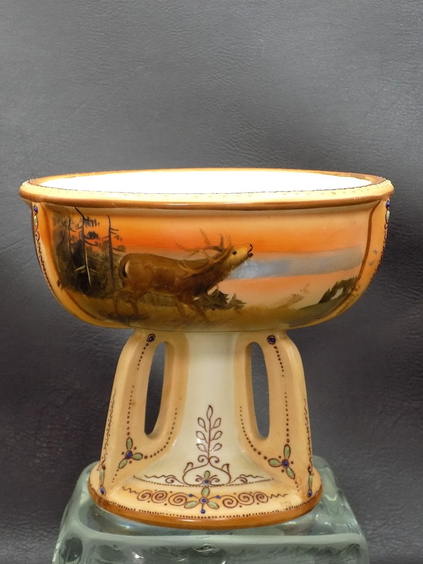 Nicely hand painted vintage Nippon pedestal bowl with deer: Nicely hand painted vintage Nippon pedestal bowl with deer. Beautiful colors. Great quality and detail. Marked on bottom as shown in photos. 5 3/8 tall x 6 ¼ inches wide at top