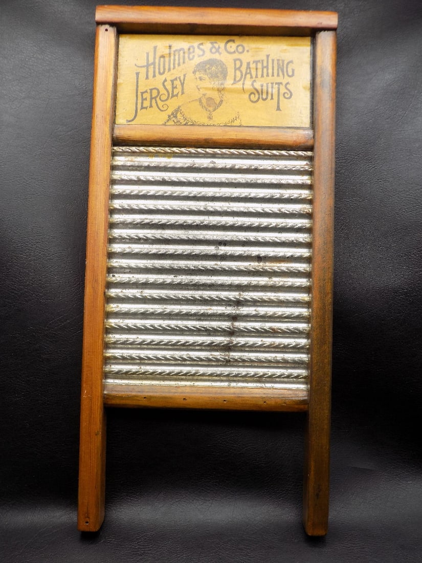 Antique advertising Washboard Holmes Co Jersey Bathing Suits: Antique advertising Washboard Holmes Co Jersey Bathing Suits. Great quality and detail. In very good original as found condition. 18 inches tall x 8 ½ wide