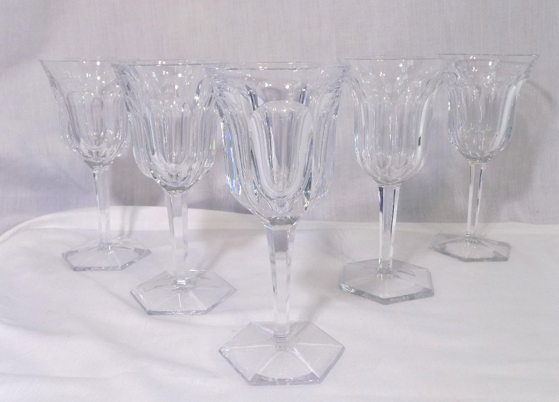 Five elegant vintage signed Baccarat Malmaison crystal wine glasses: Five elegant vintage signed Baccarat Malmaison crystal wine glasses . Great quality and detail. Marked on bottom as shown in photos. No condition problems. 6 7/8 inches tall x 3 3/8 wide at top.