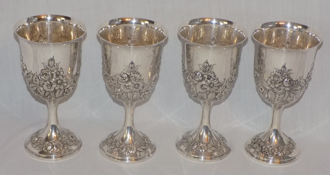 Fabulous set of four S. Kirk and Son Repousse water glasses. hand chased: Fabulous set of four S. Kirk and Son Repousse water glasses. hand chased . S. Kirk and Son Sterling 260 C Hand Decorated marked on bottom as shown in photos. Very elaborate detailed three dimensional