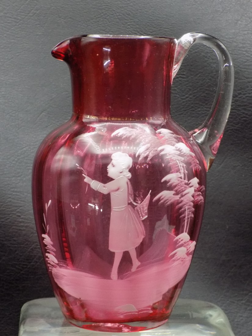 Antique cranberry decorated art glass pitcher (1 of 6)