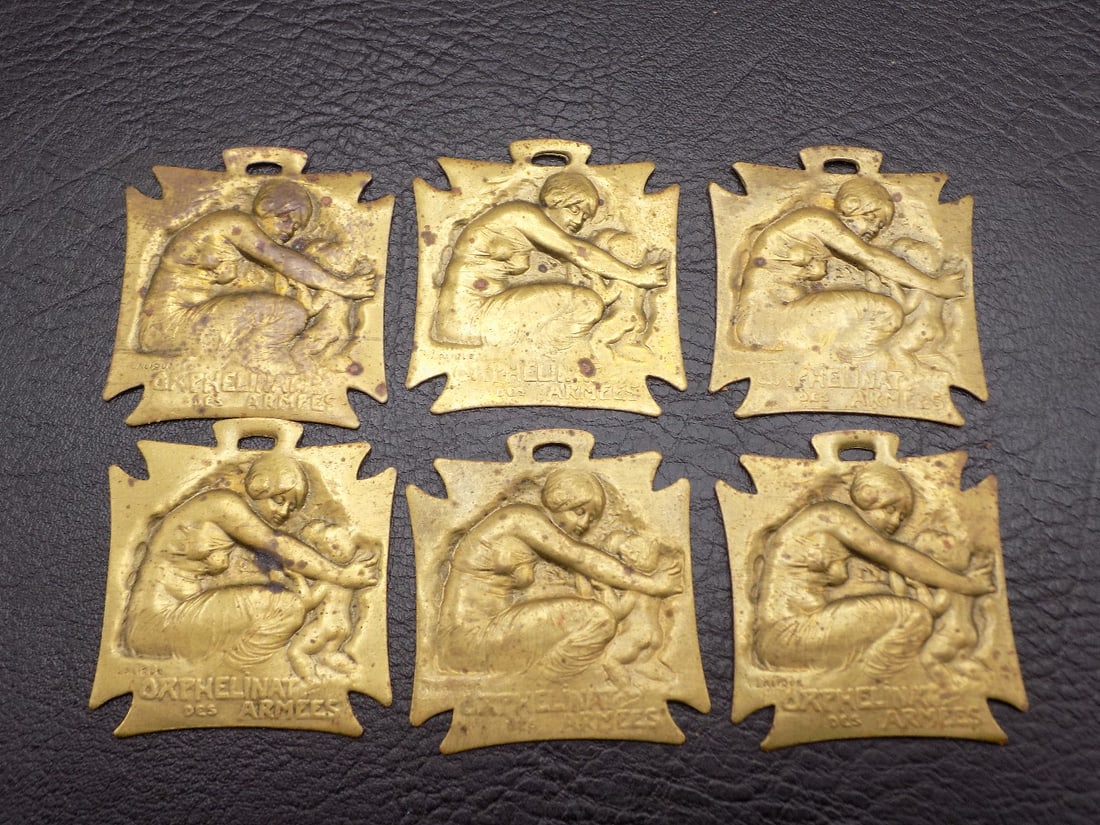 Six René Lalique WW1 Brass 'Orphelinat des Armes' Medals (1 of 5)