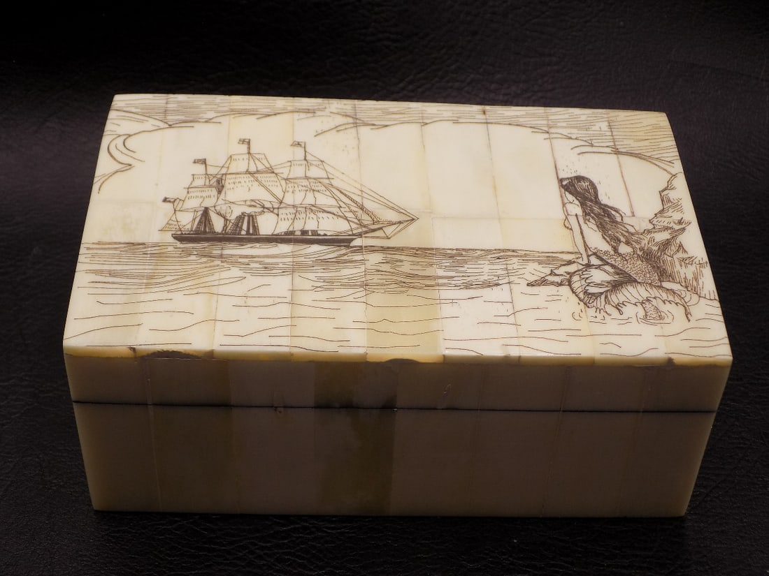Very nice scrimshaw box with mermaid and sailing ship: Very nice scrimshaw box with mermaid and sailing ship. Great quality and detail. Looks to be made within the last twenty years. No shipping outside of US. 5 ¼ x 3 ¼ inches x 2 inches tall