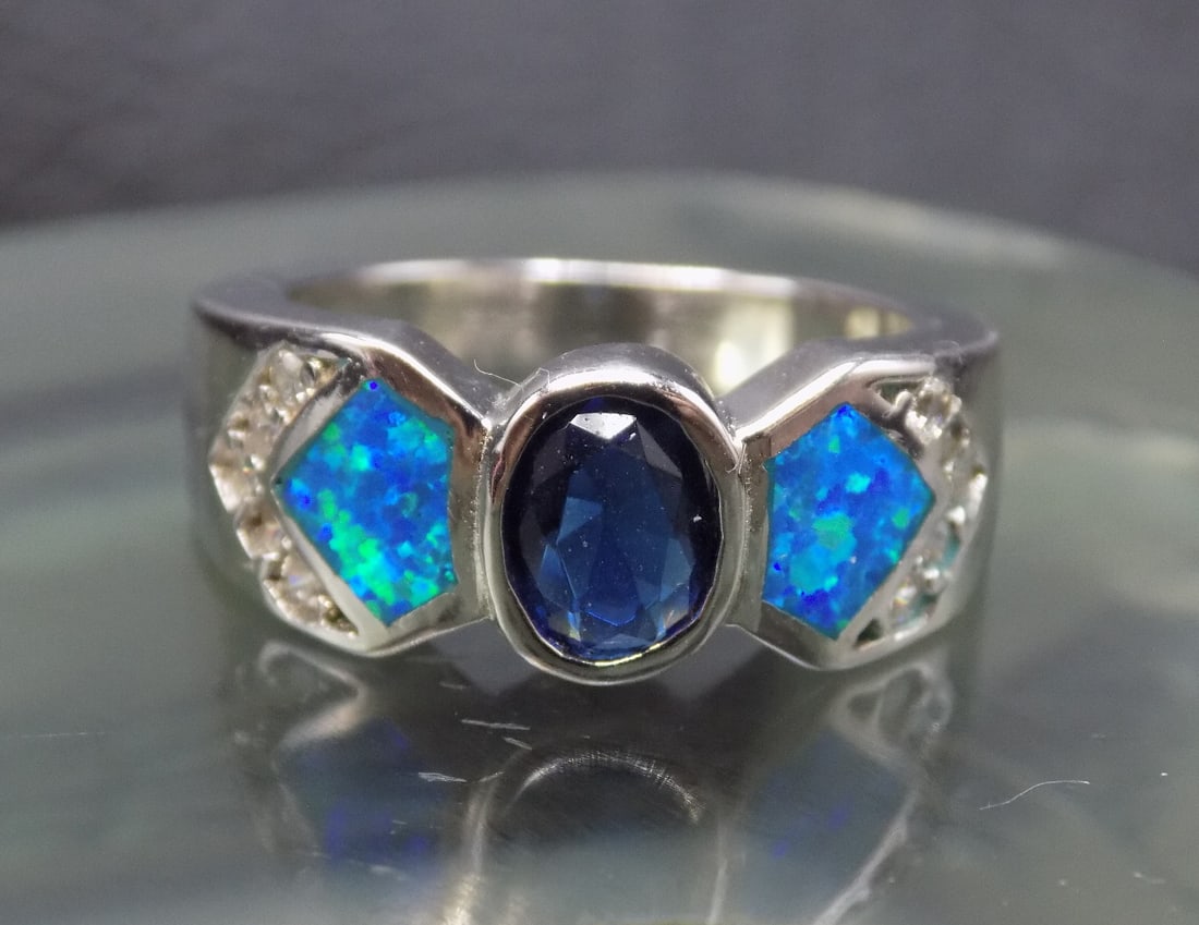 Beautiful sapphire and Australian blue opal sterling ring (1 of 4)