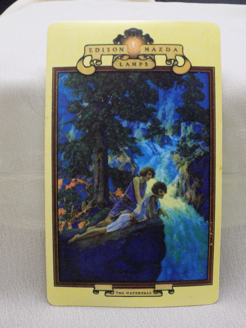 Beautiful 1931 Maxfield Parrish pocket calendar card: Beautiful 1931 Maxfield Parrish pocket calendar card. The Waterfall. Advertising for Tom Miller General Electric Company Abilene Texas phone 4054. 3 5/8 inches x 2 1/4