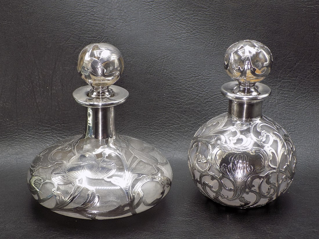 Two beautiful vintage perfume bottles with ornate silver overlay (1 of 8)