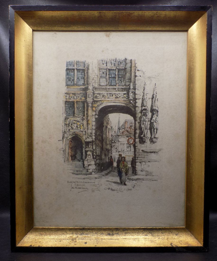 Antique  lithograph  by Jan Korthals Burgmet Blinde Ezelstrart Brugge, artist signed in pencil (1 of 8)
