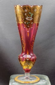Beautiful floral and gold decorated Moser art glass vase