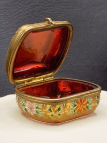 Great Victorian Moser decorated cranberry art glass trinket jewelry box