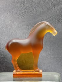 Fine signed Lalique art glass amber horse paperweight